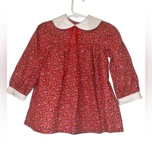 Vintage handmade Red Floral Long Sleeve Dress with White Collar fits like a *3*